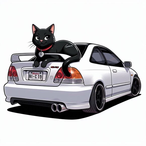 5 for 10$ - Black Cat Sitting on a white 6th Gen Honda Civic Coupe Sticker - Picture 1 of 1